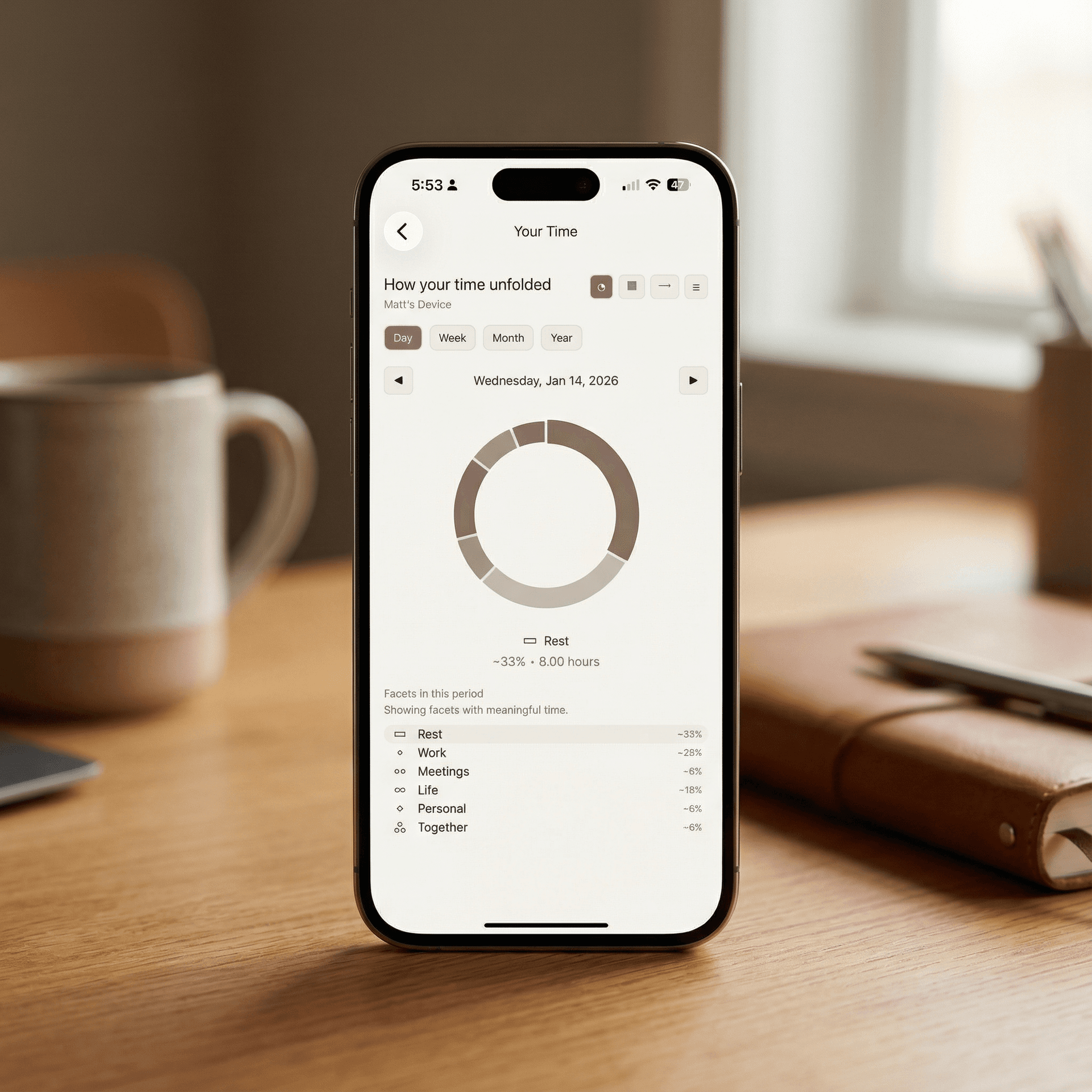A phone showing the Facet Day app.