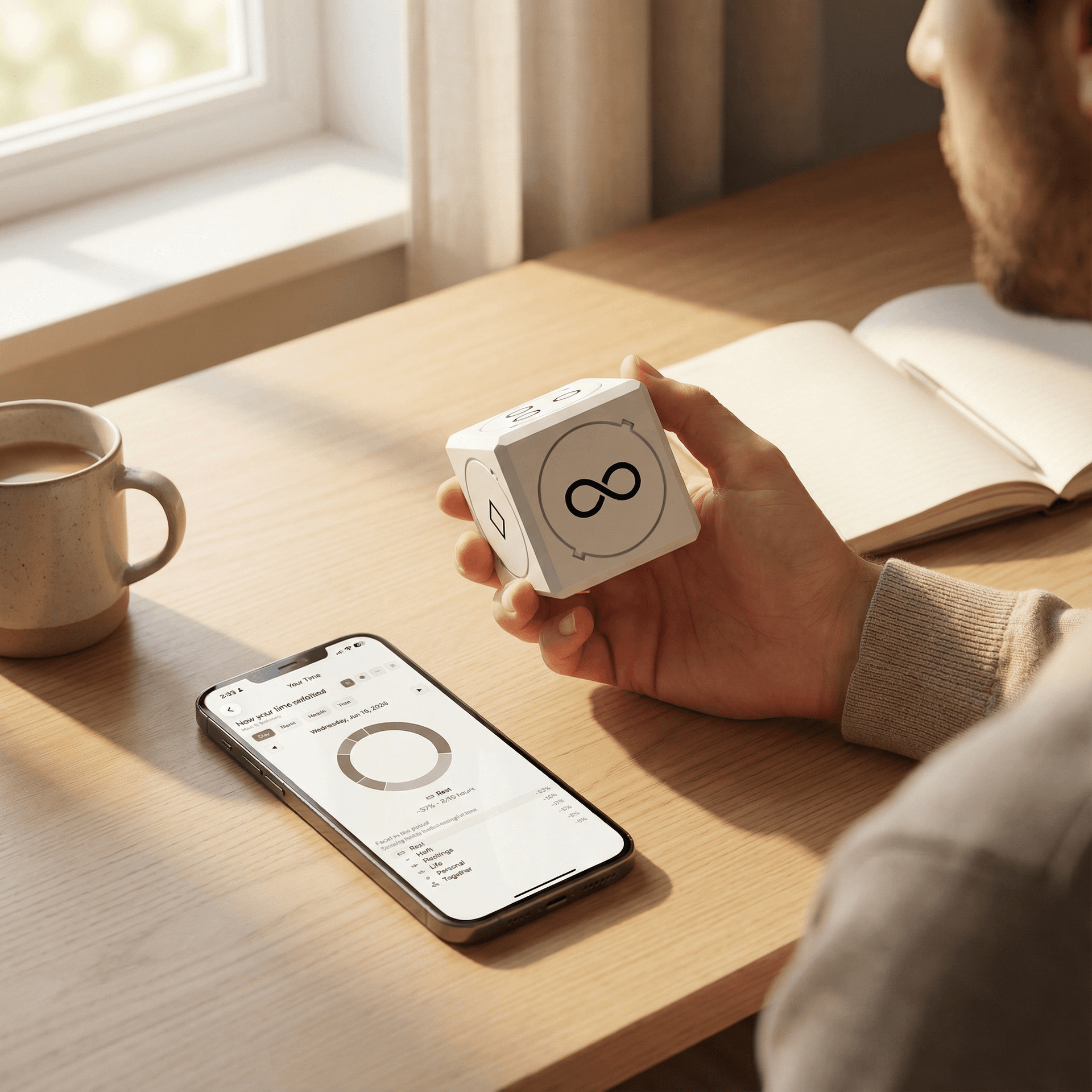 A phone on a desk showing the Facet Day app.